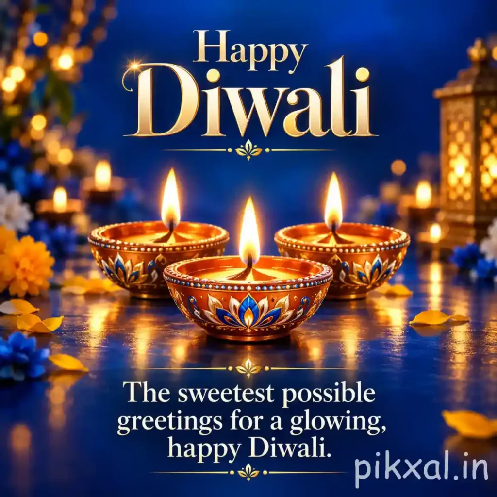 Happy Diwali images download featuring three decorative golden diyas, blue festive lights and a glowing golden background