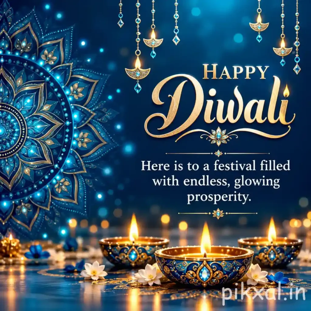 Happy Diwali images download featuring blue and golden diyas, intricate decorative patterns and hanging golden lights