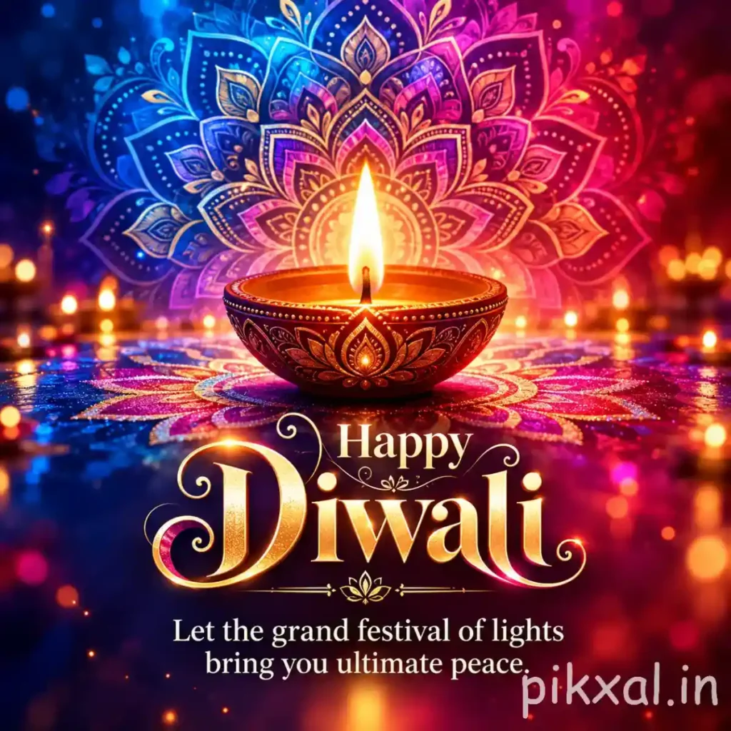 Happy Diwali images download featuring a glowing diya, colorful mandala rangoli and vibrant festive lights