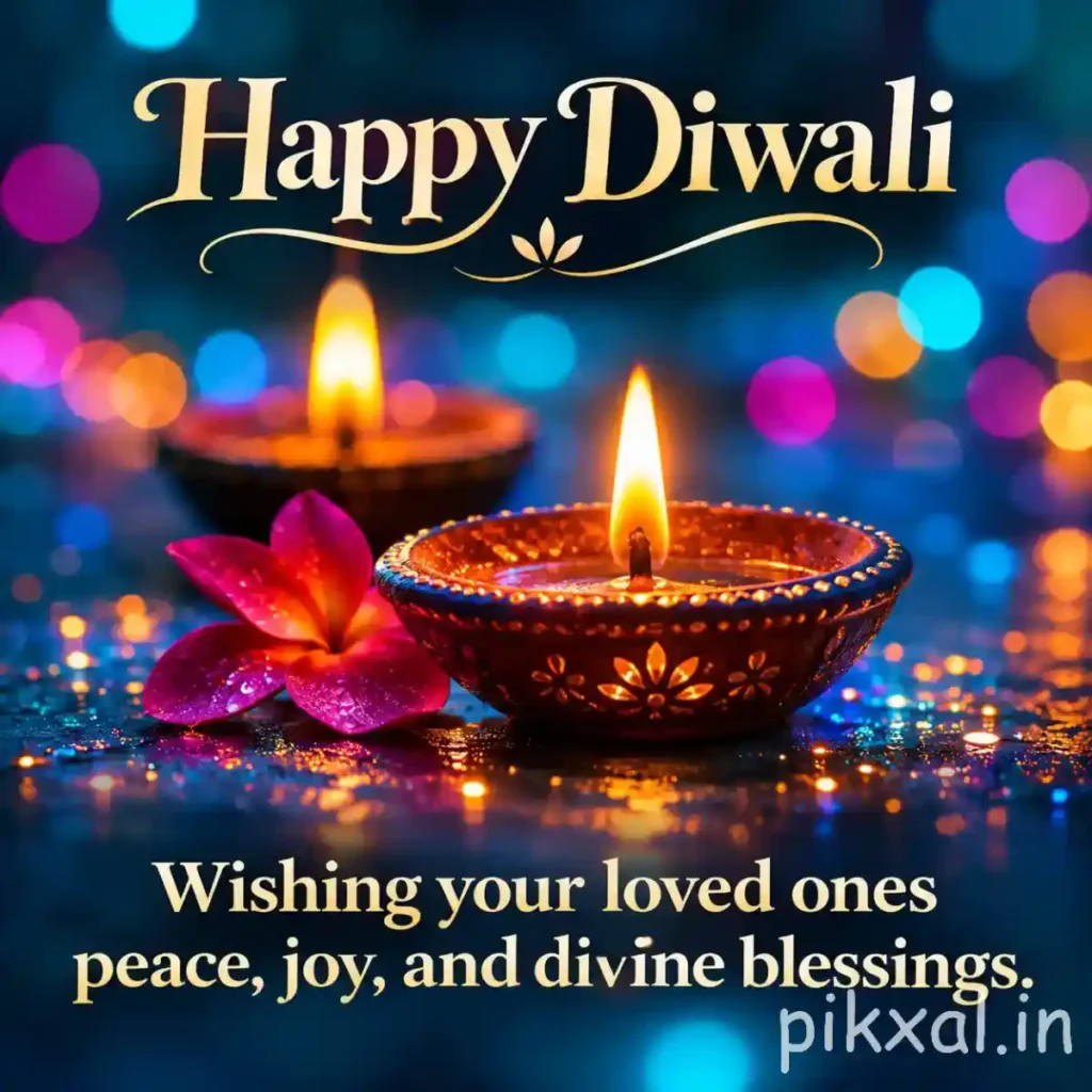 Happy Diwali images download featuring an ornate glowing diya, pink flowers and colorful bokeh lights against a blue background