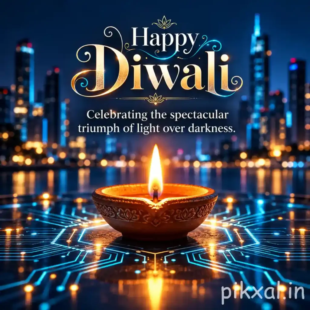 Happy Diwali images download featuring a glowing diya in front of a modern city skyline with blue lights and reflections