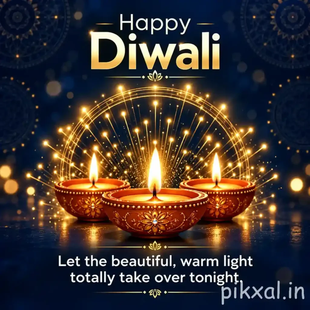 Happy Diwali images download featuring three glowing decorative diyas with a golden circular light design on a dark blue background