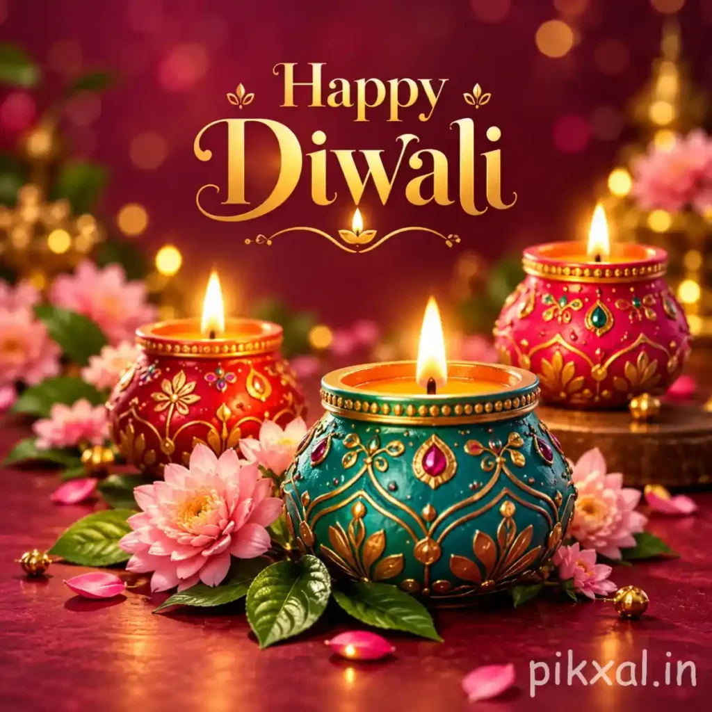 Happy Diwali wishes image featuring three jewel-toned decorative diyas in turquoise and ruby pink, delicate pink chrysanthemums, green leaves and golden lettering on a burgundy background.