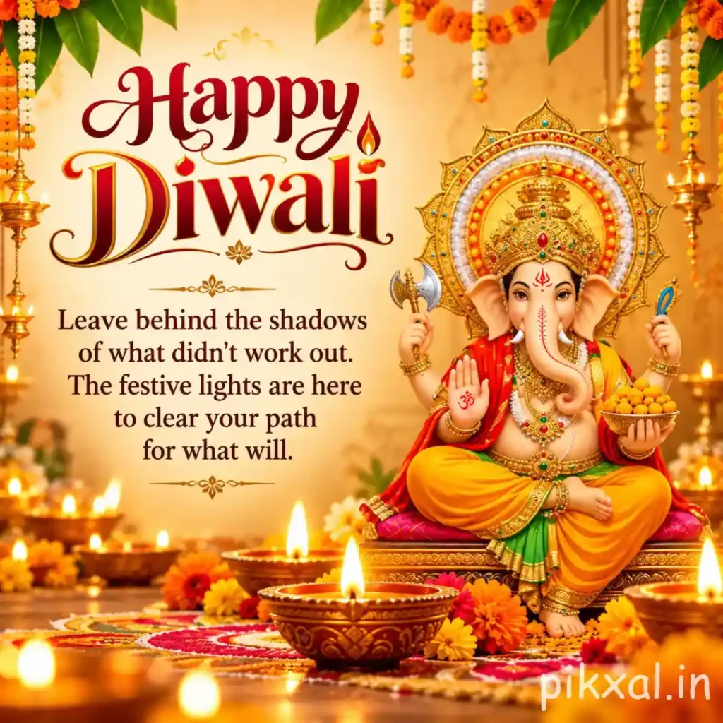 Happy Diwali greeting featuring Lord Ganesha in golden ornaments, red and yellow attire, glowing diyas and marigold flowers.