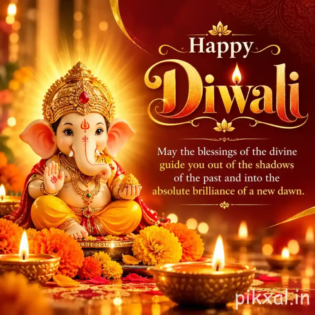 Happy Diwali greeting featuring Lord Ganesha with a golden crown, red attire, glowing clay diyas and marigold flowers on a deep red background.