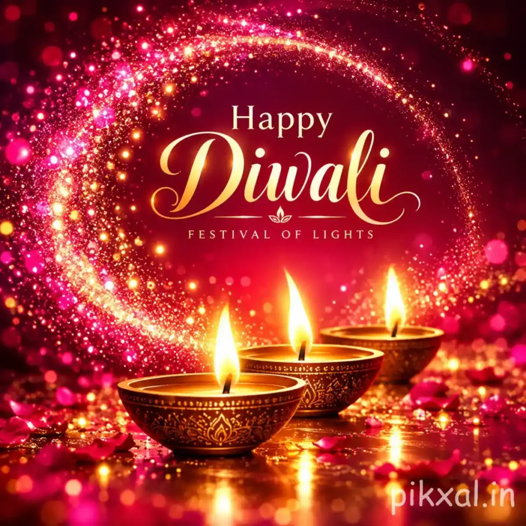 Happy Diwali wishes image with three ornate golden diyas, sparkling magenta and crimson lights, glowing bokeh and elegant Festival of Lights lettering