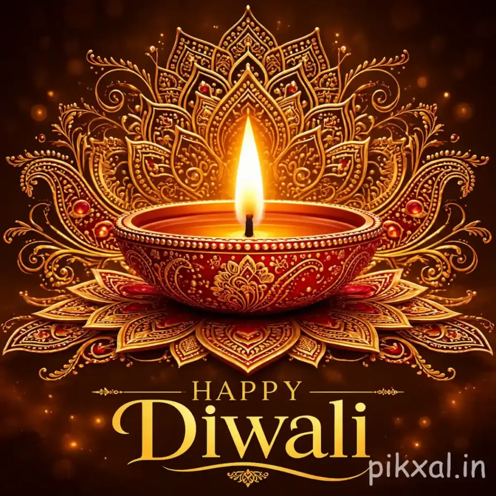 Happy Diwali greeting with an ornate red diya, intricate golden mandala, lotus-inspired rangoli and gold lettering on a dark background