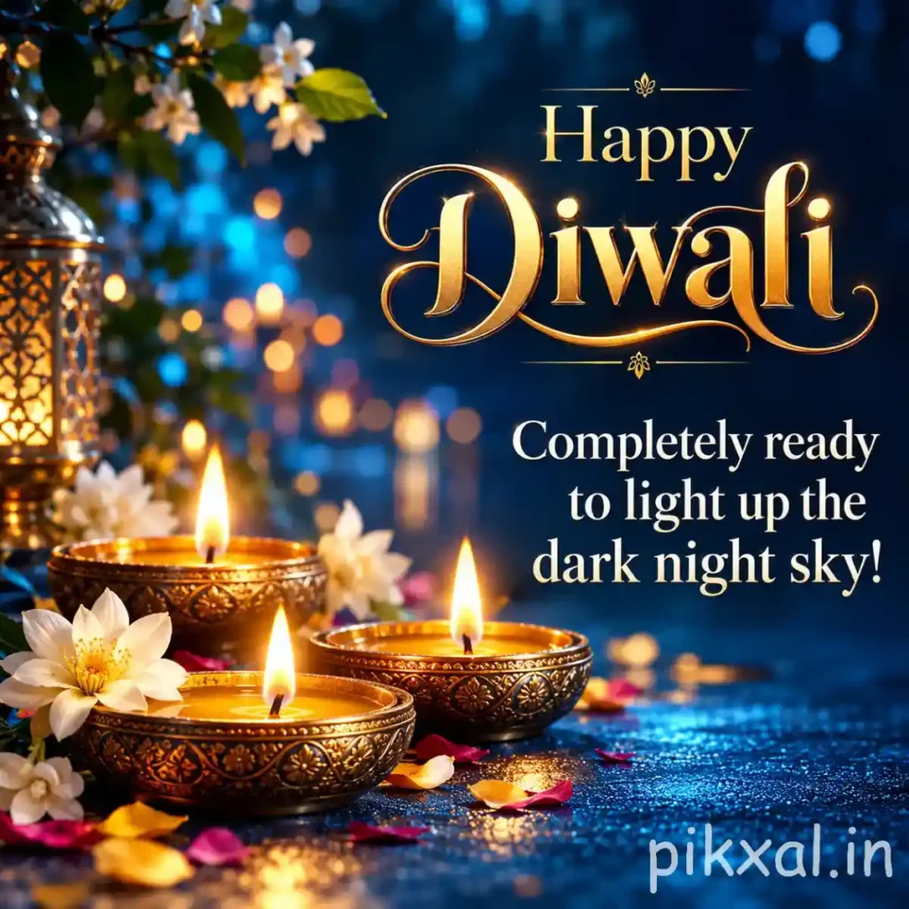 Happy Diwali photo featuring golden decorative diyas, white flowers and warm festive lights against a blue background
