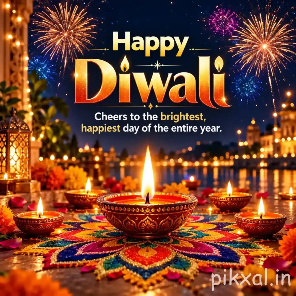 Happy Diwali photo featuring colorful rangoli, glowing diyas and fireworks over a festive night scene