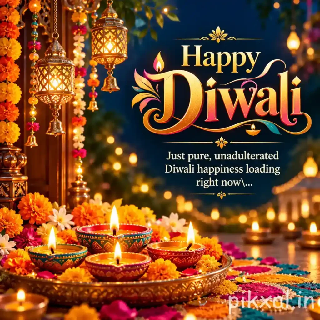 Happy Diwali photo featuring multiple glowing diyas, hanging lanterns, marigold flowers and golden festive lights