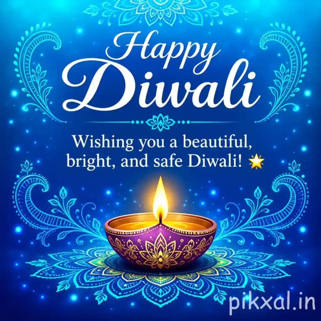 Happy Diwali photo download featuring a glowing golden diya, intricate blue rangoli patterns and a bright blue festive background