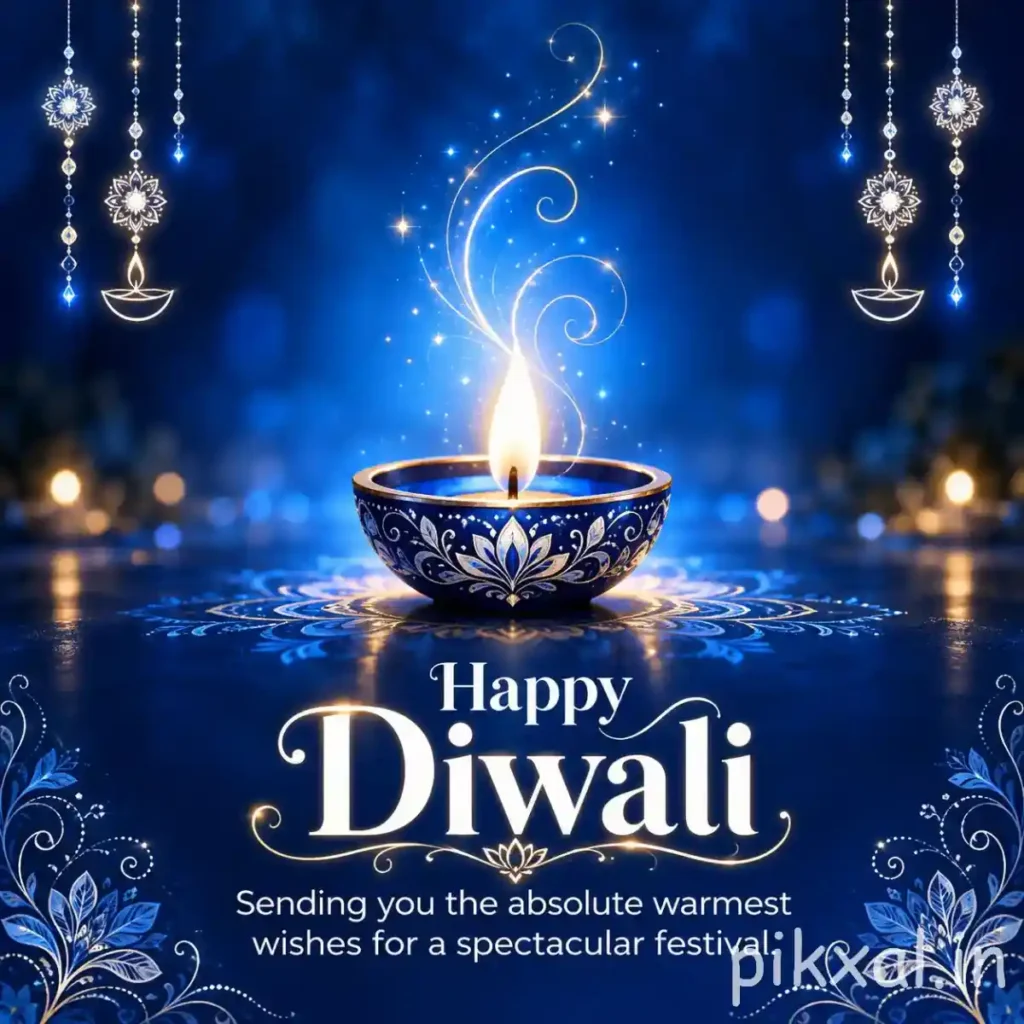 Happy Diwali photo download featuring a glowing blue and silver decorative diya with hanging lights and a peaceful night background