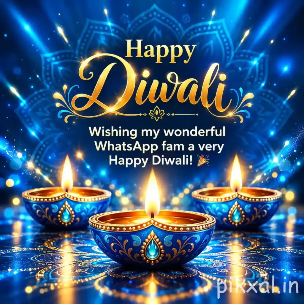 Happy Diwali photo download featuring three blue and golden decorative diyas with radiant blue lights