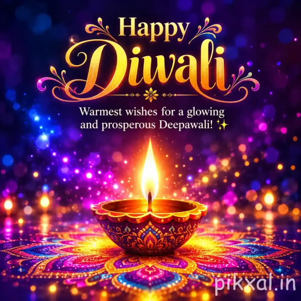 Happy Diwali photo download featuring a colorful glowing diya, vibrant rangoli and purple and blue festive lights