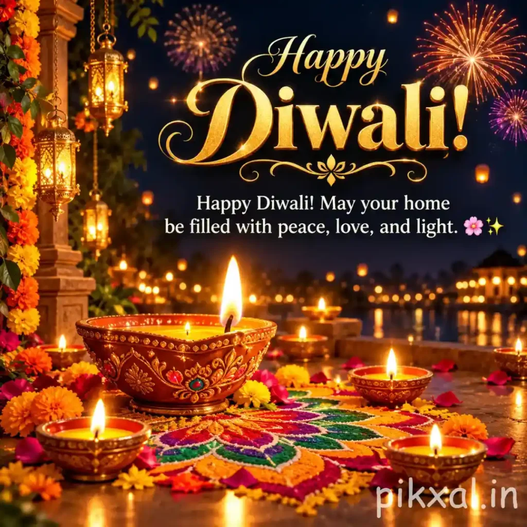 Happy Diwali photo download featuring multiple glowing diyas, colorful rangoli, marigold flowers and festive decorations