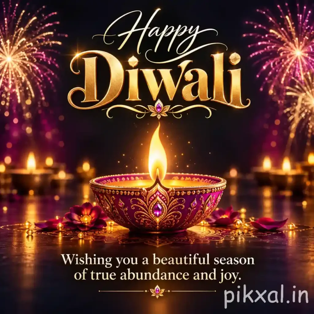 Happy Diwali photo download featuring a decorative diya, colorful fireworks and warm golden lights against a dark background