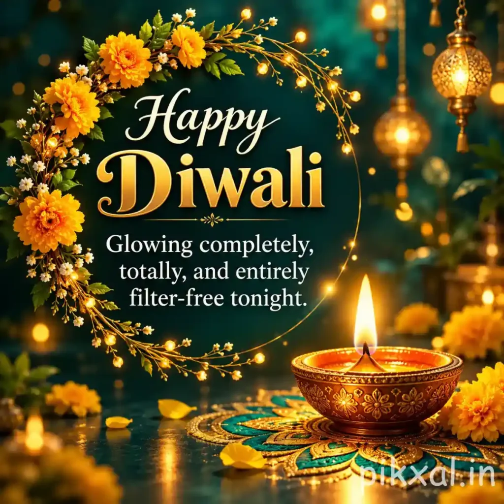 Happy Diwali photo download featuring a golden decorative diya, yellow flowers, hanging lanterns and warm festive lights