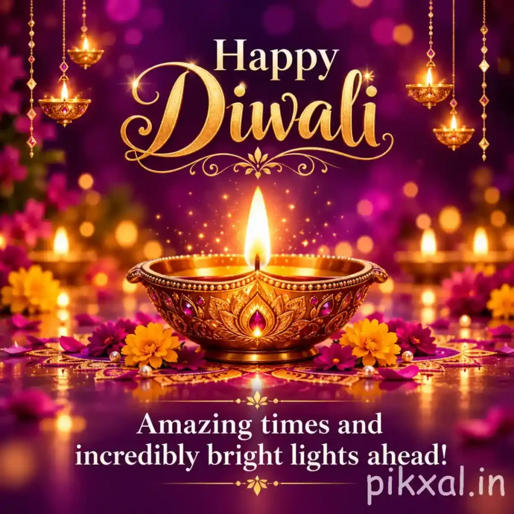 Happy Diwali photo download featuring an ornate golden diya, yellow flowers and warm purple and golden festive lights