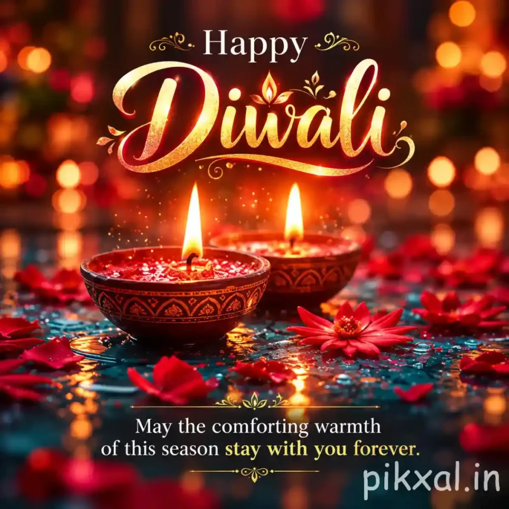 Happy Diwali photo download featuring two ornate glowing diyas surrounded by red flower petals and warm festive lights
