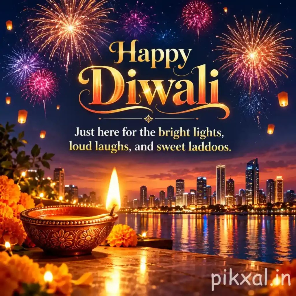 Happy Diwali photo featuring colorful fireworks above a city skyline with a glowing diya beside the water