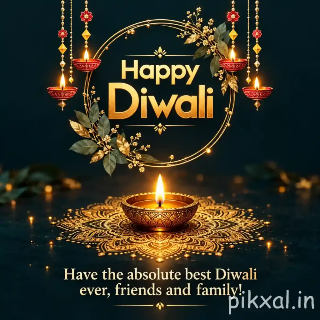 Happy Diwali photo featuring a glowing golden diya, hanging ornaments and intricate golden rangoli patterns