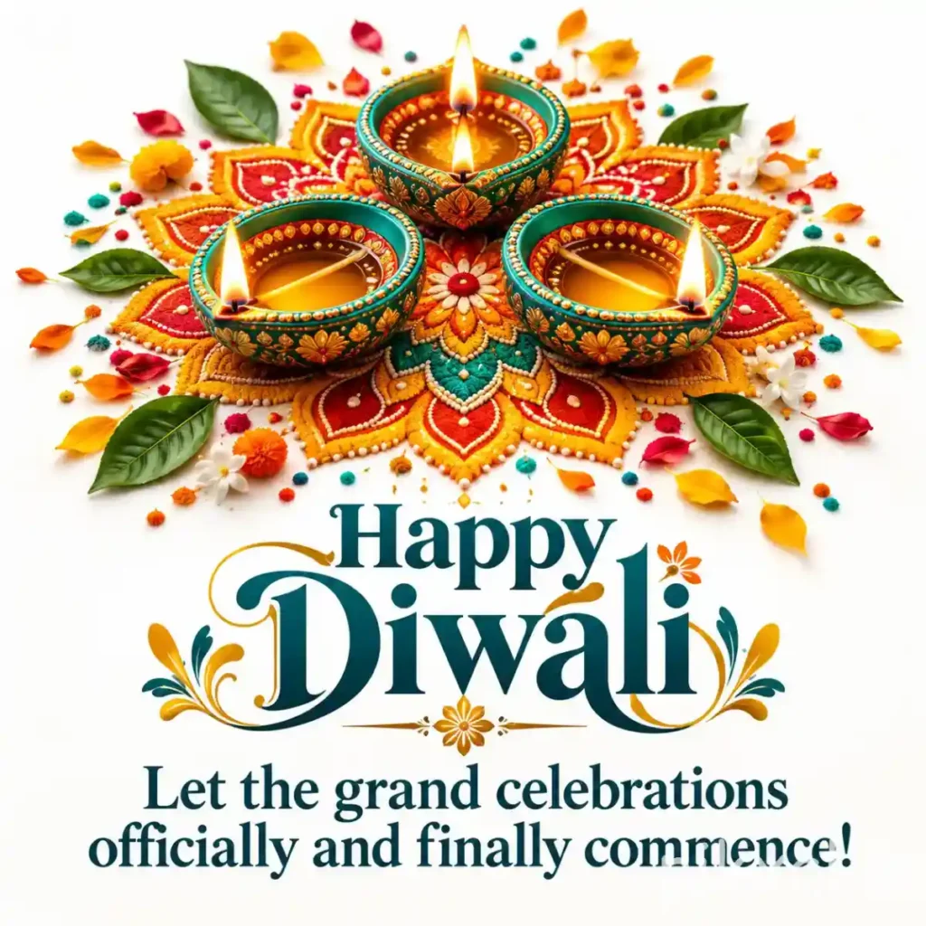 Happy Diwali photo featuring three decorative diyas, colorful rangoli patterns, flowers and green leaves