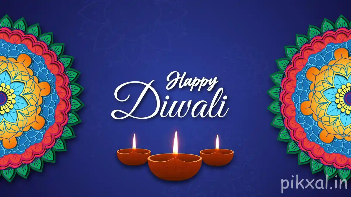 Happy Diwali photo with glowing diyas, marigold flowers and colorful rangoli