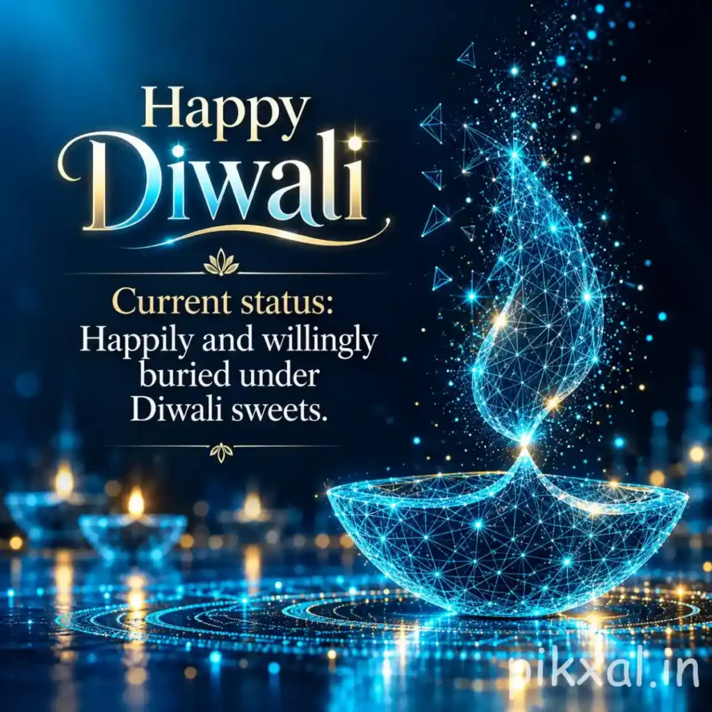 Happy Diwali pic download featuring a glowing blue digital diya, sparkling light effects and a deep blue festive background