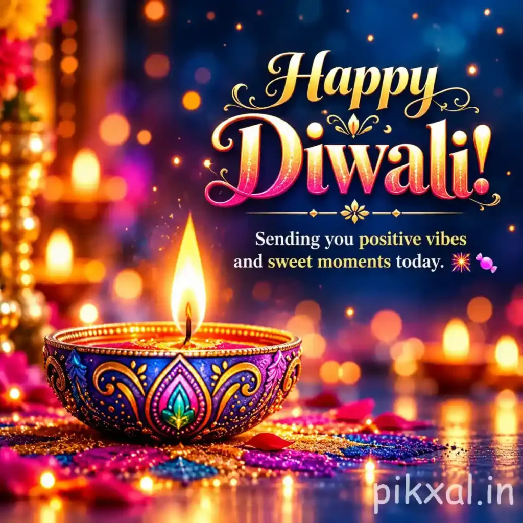 Happy Diwali pic download featuring a colorful ornate diya, vibrant rangoli and warm bokeh lights
