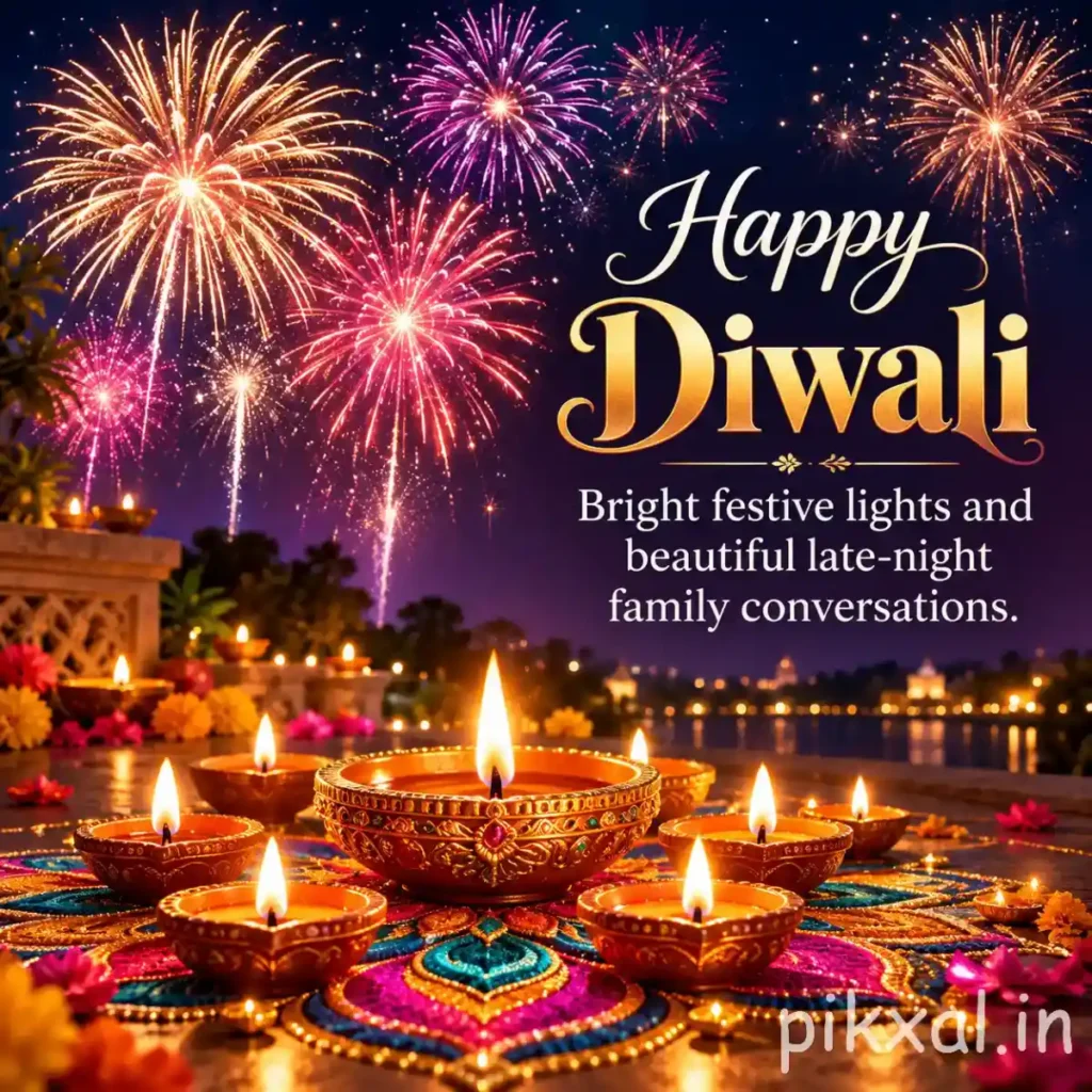 Happy Diwali pic download featuring colorful fireworks, multiple glowing diyas and vibrant rangoli decorations