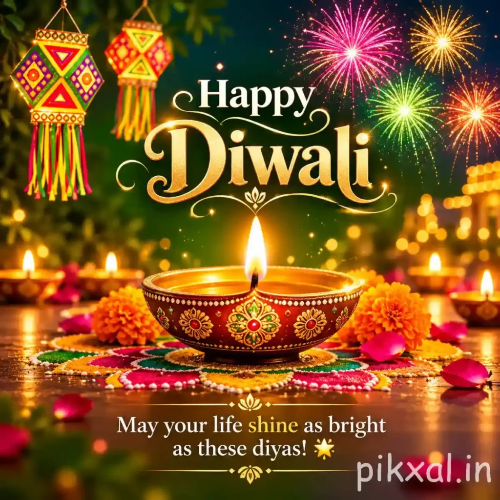 Happy Diwali pic download featuring a golden decorative diya, colorful fireworks, hanging ornaments and marigold flowers