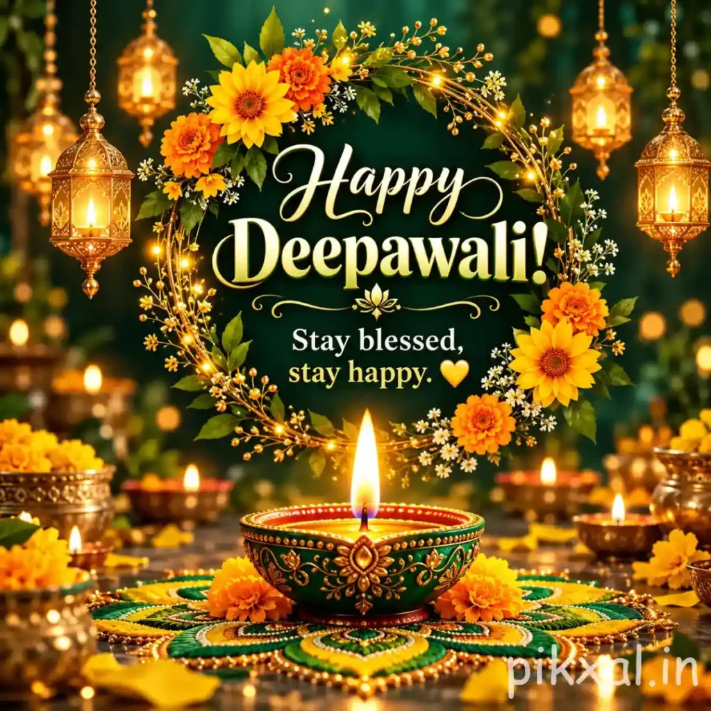 Happy Diwali picture download featuring a decorative diya, yellow flowers, golden hanging lanterns and a floral wreath
