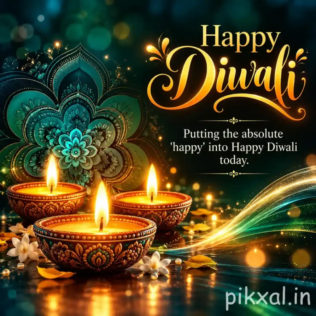 Happy Diwali picture download featuring three glowing golden diyas, teal ornamental patterns and warm festive lights