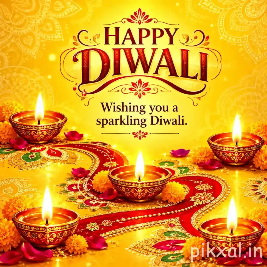 Happy Diwali picture download featuring five glowing diyas, colorful rangoli patterns and a bright yellow festive background