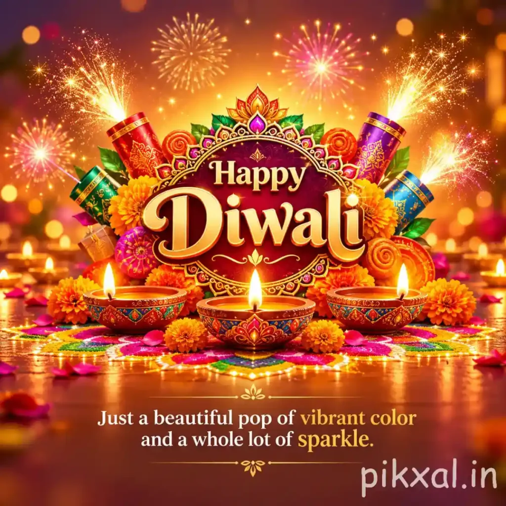 Happy Diwali pictures featuring a colorful decorative diya arrangement, festive ornaments, flowers and golden fireworks