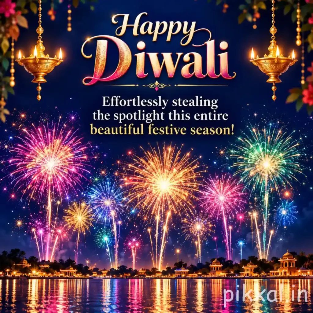 Happy Diwali pictures featuring colorful fireworks above a riverside with sparkling reflections and hanging golden lamps