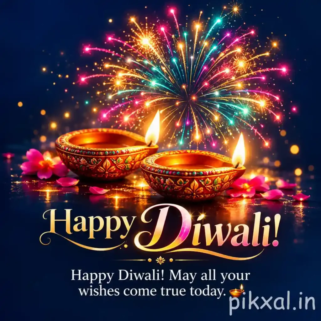Happy Diwali pictures featuring two decorative glowing diyas, colorful fireworks and flower petals against a dark blue background