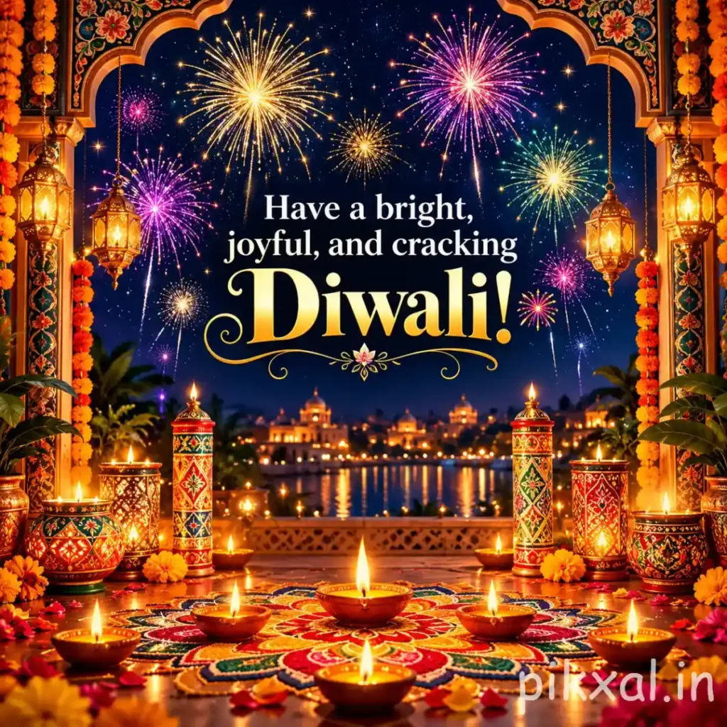 Happy Diwali pictures featuring colorful fireworks, glowing diyas and an illuminated palace-style festive background