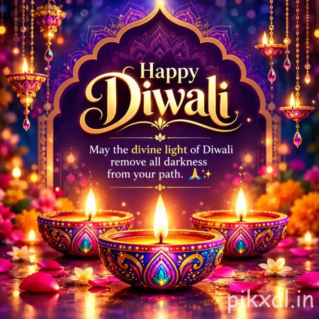 Happy Diwali pictures featuring three colorful glowing diyas inside a decorative purple and golden frame