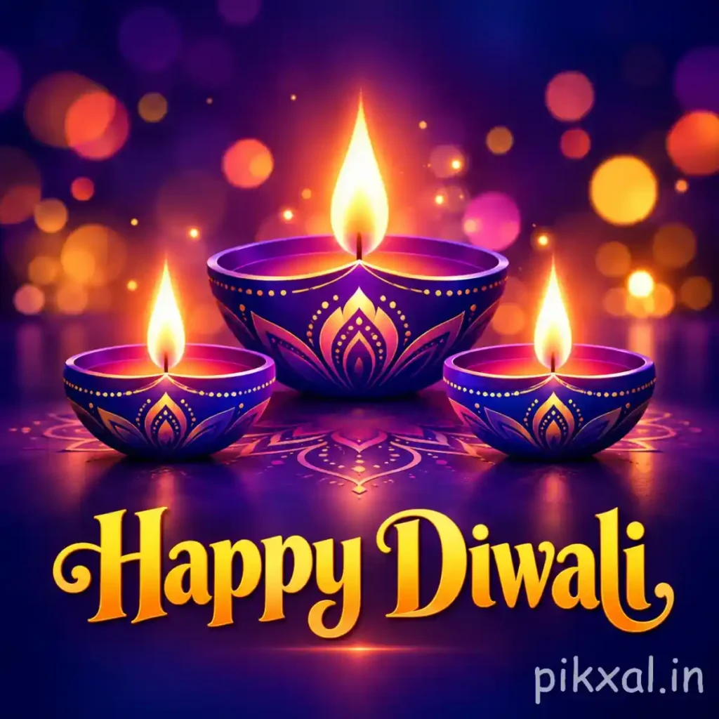 Happy Diwali wishes image with three ornate purple and blue diyas, glowing golden flames, colourful bokeh lights and a subtle rangoli pattern on a deep violet background