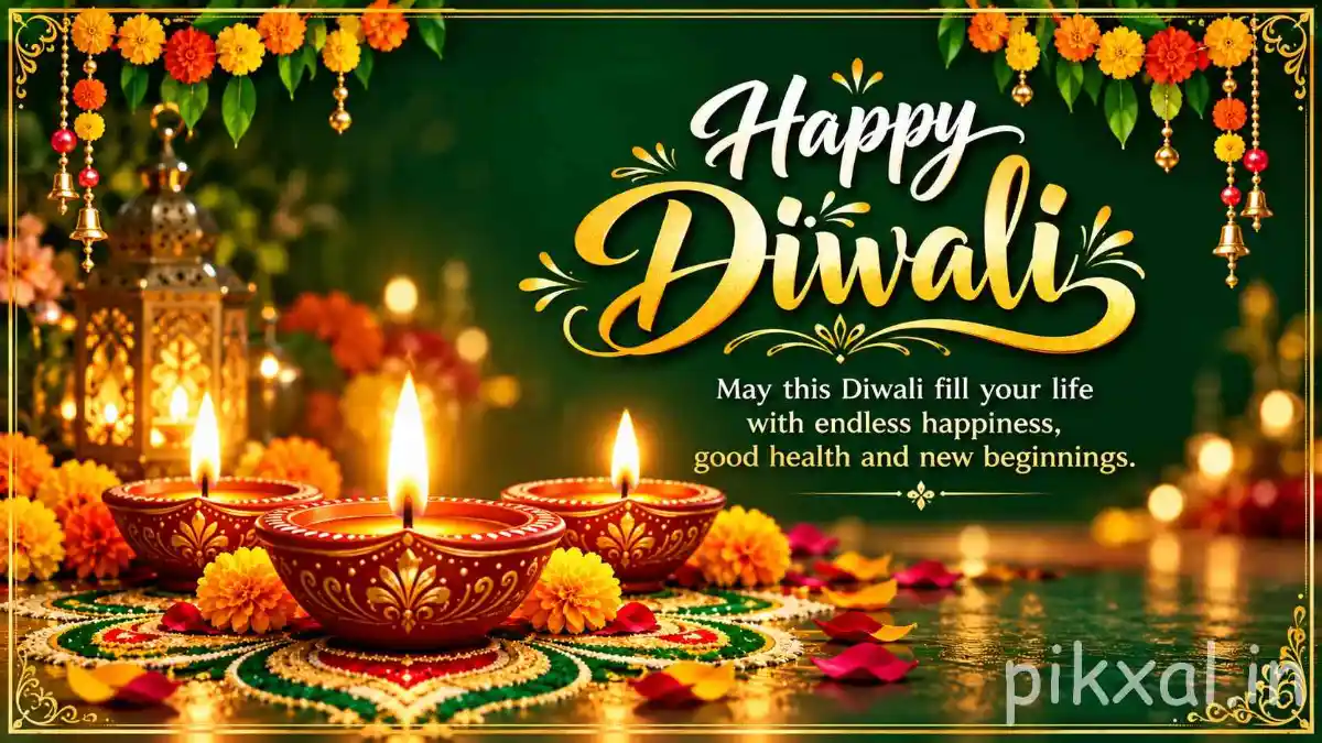 Happy Diwali quote image with golden lettering, glowing decorative diyas, colorful rangoli, marigold flowers and a festive green background.