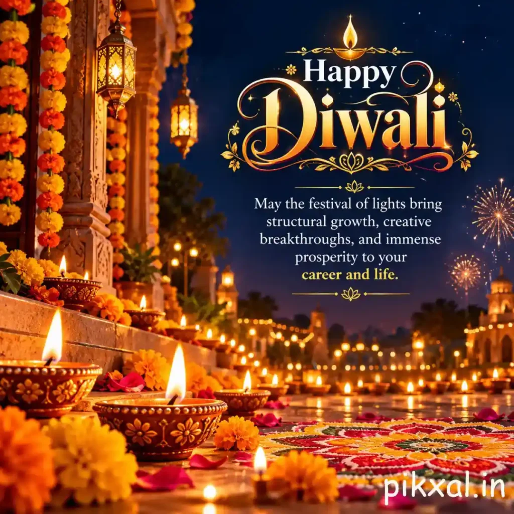 Happy Diwali quotes featuring glowing diyas, marigold garlands, and fireworks with wishes for career growth, creative breakthroughs, and prosperity.
