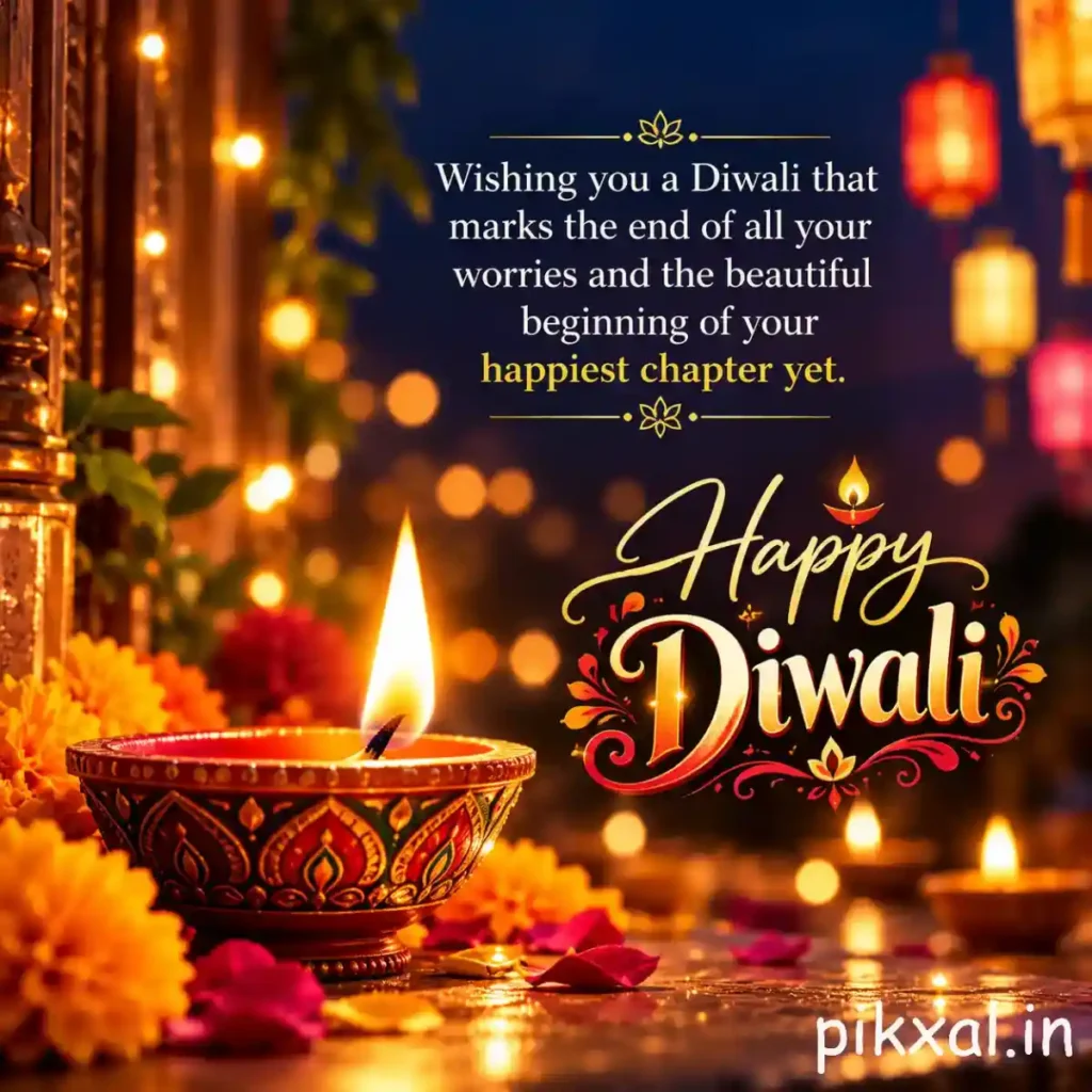Happy Diwali quotes featuring a large decorative diya and glowing lanterns with a message wishing an end to worries and the beginning of a happy new chapter.