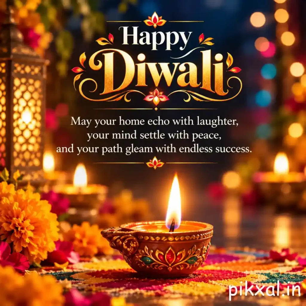 Happy Diwali quote featuring a glowing diya and marigold flowers with wishes for laughter, peace, success, and an endless path of blessings.