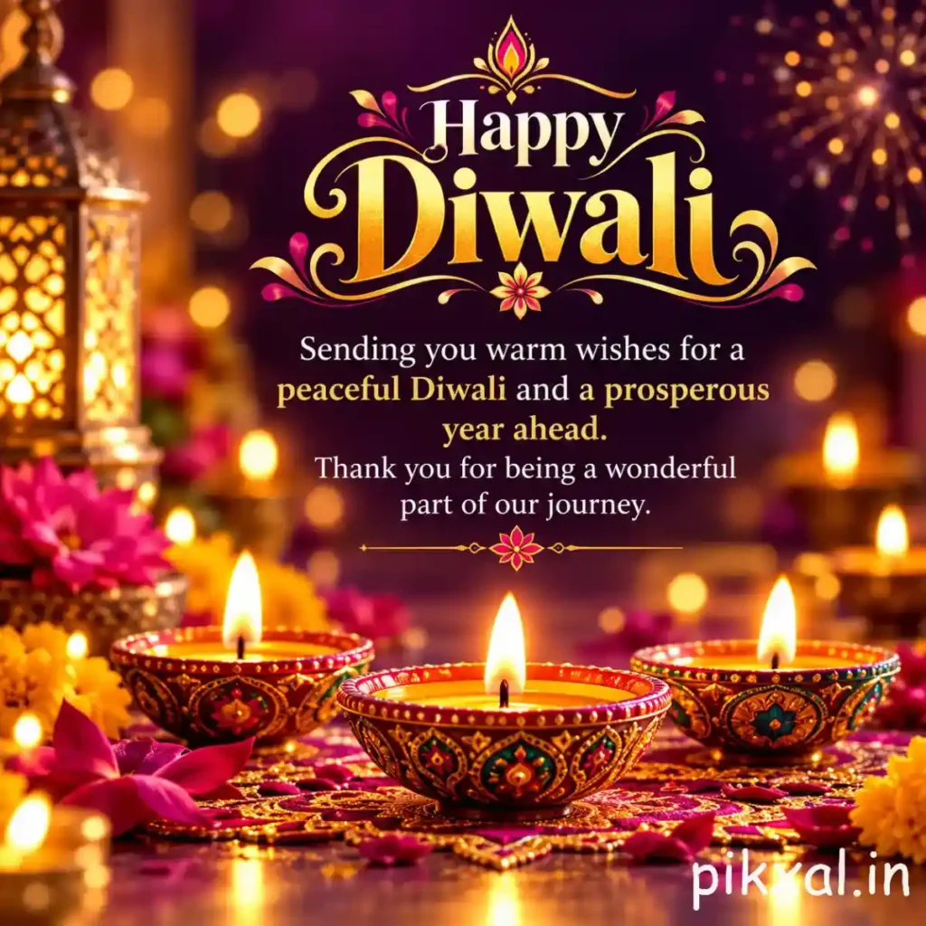 Happy Diwali quotes featuring three ornate glowing diyas and colorful flowers with warm wishes for a peaceful Diwali and a prosperous year ahead.