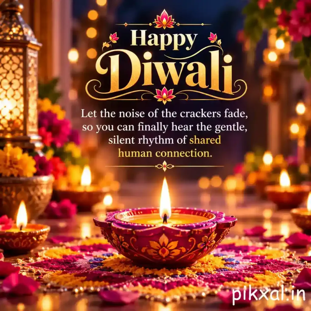 Happy Diwali quotes featuring a decorative diya, colorful flowers and warm lantern light, with a message about finding shared human connection beyond the noise of crackers.