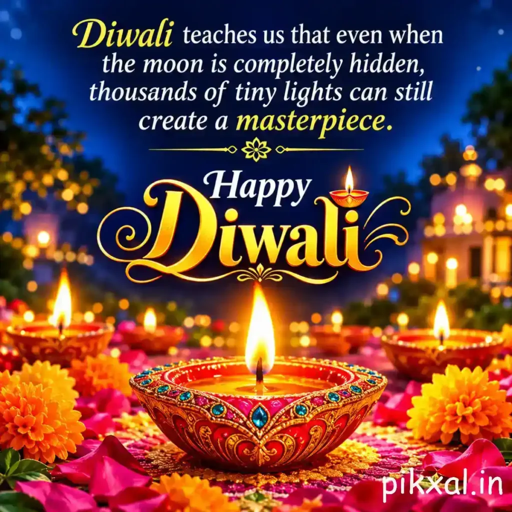 Happy Diwali quotes featuring a large decorative diya and bright flowers, with an inspirational message about creating a masterpiece through many small lights.