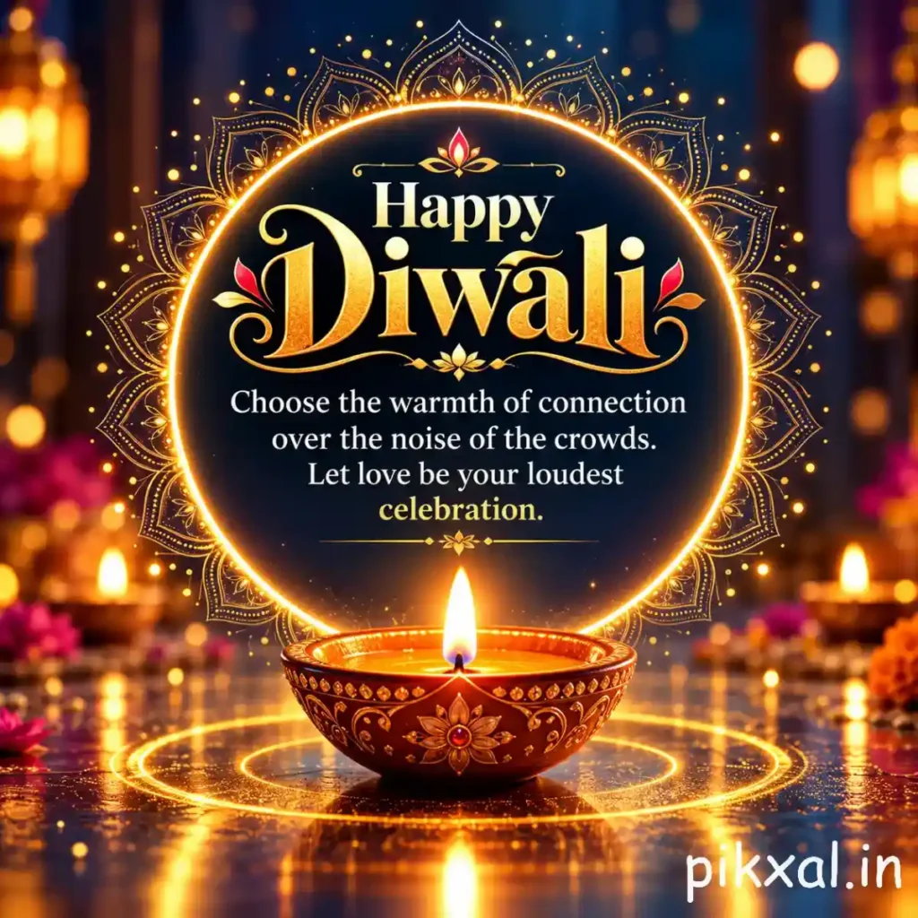 Happy Diwali quote featuring a glowing decorative diya with the message &ldquo;Choose the warmth of connection over the noise of the crowds.&rdquo;