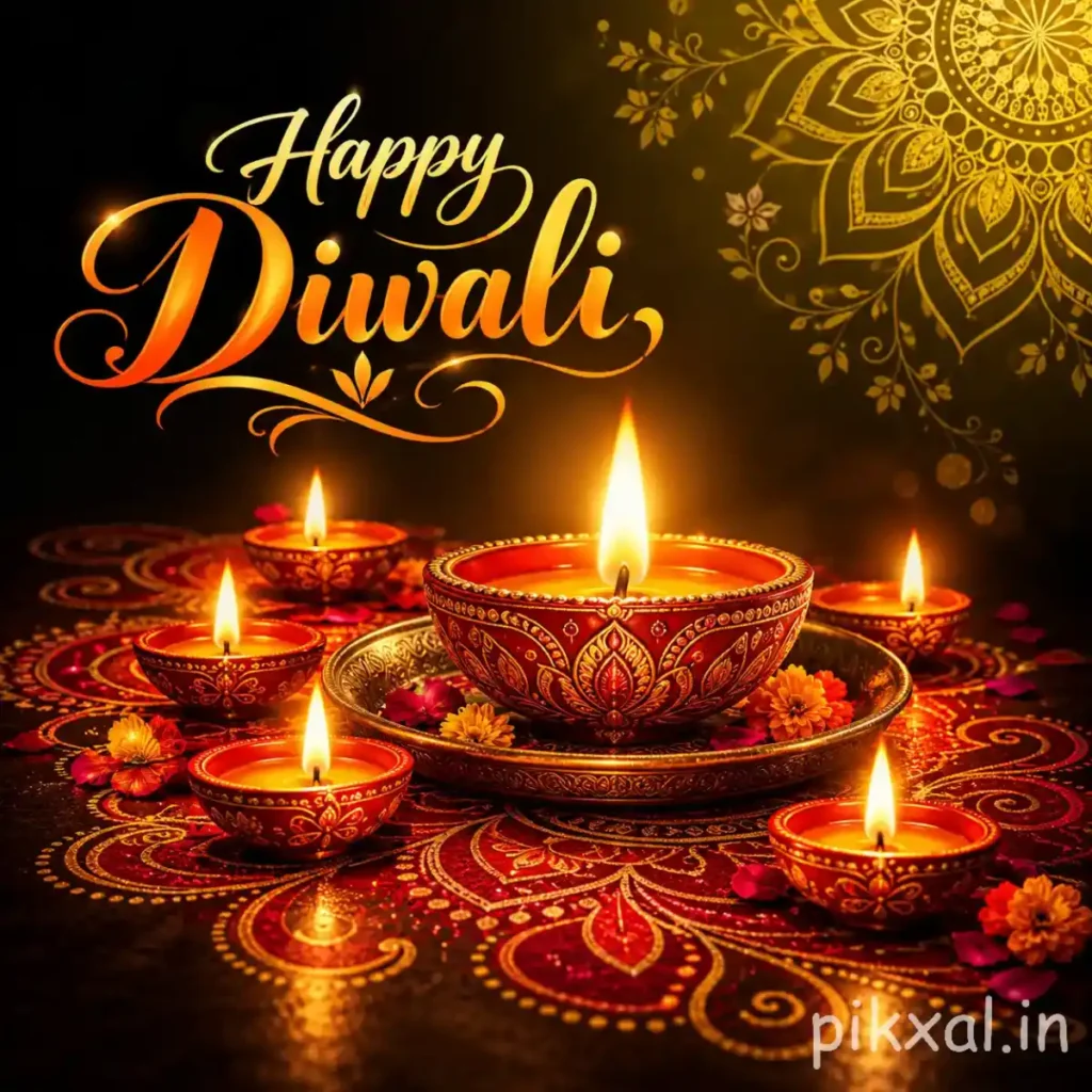 Happy Diwali wishes image with an ornate red-and-gold central diya, surrounding oil lamps, intricate rangoli patterns and golden mandala decorations on a dark background