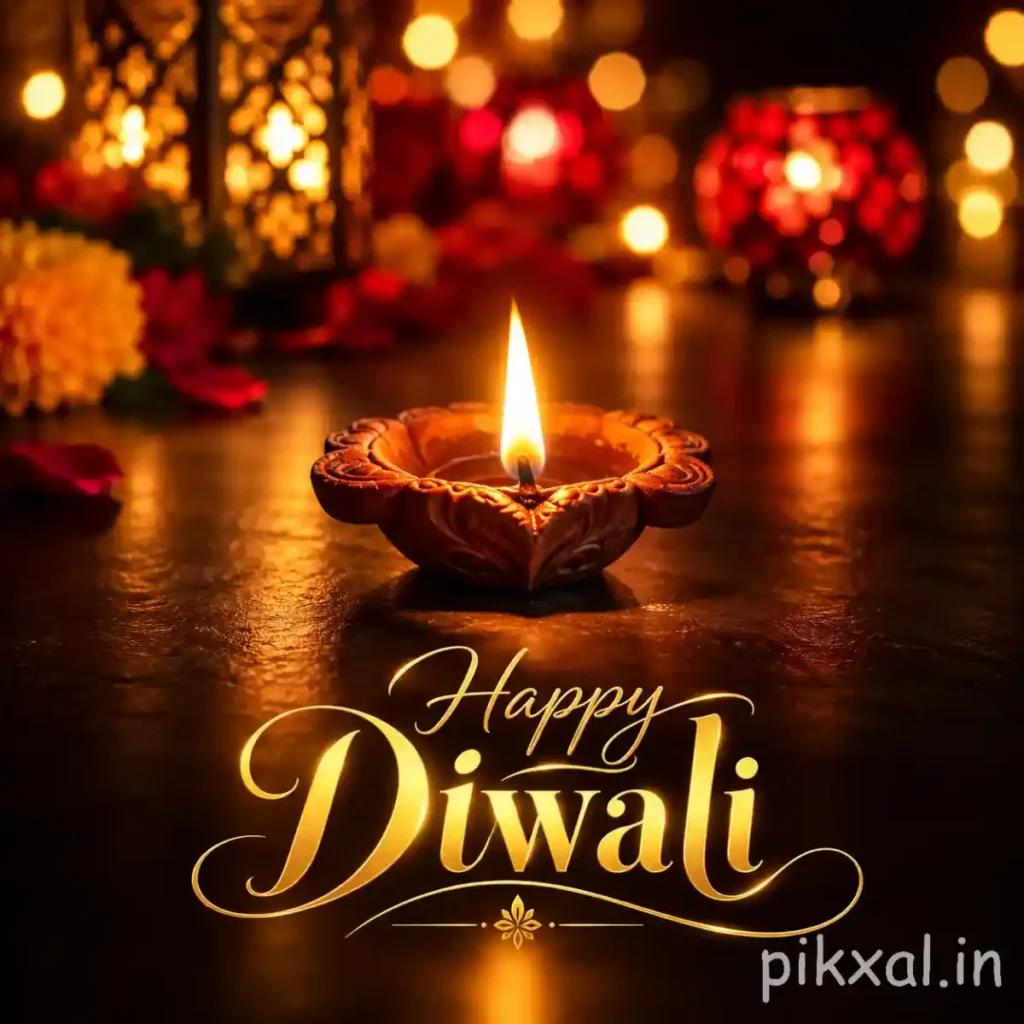 Happy Diwali wishes image featuring a carved terracotta diya, glowing golden flame, warm amber bokeh lights and elegant gold calligraphy on a dark background